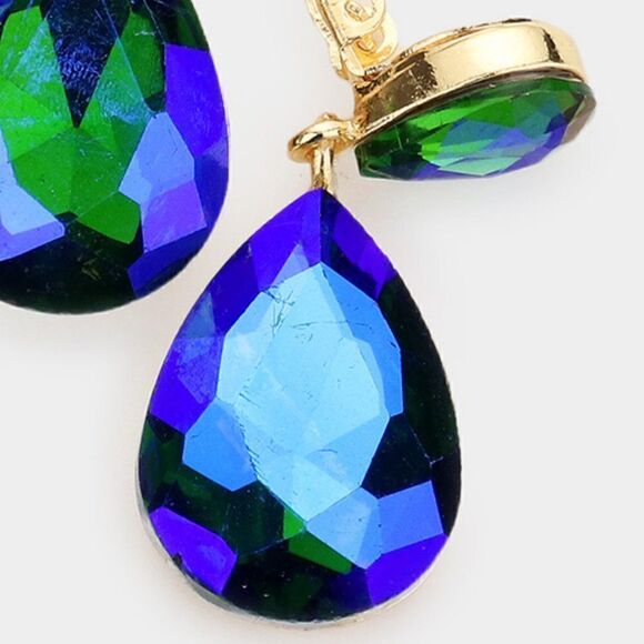 Aurora Borealis Green Crystal Teardrop Gold Clip-On Earrings by Miro Cry… - Picture 2 of 6